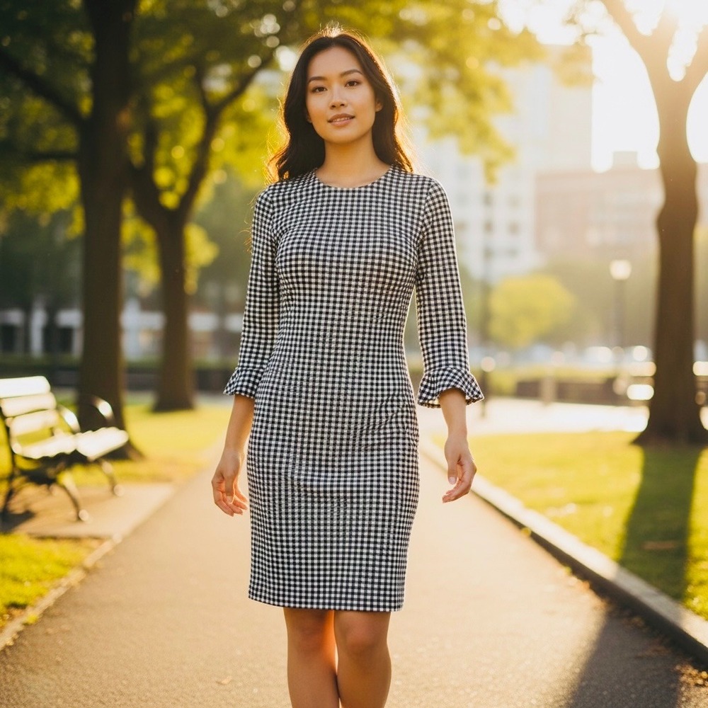 Bailey 44 Women's Gingham Sheath Dress Small Black White Ruffle Sleeve Zip Back